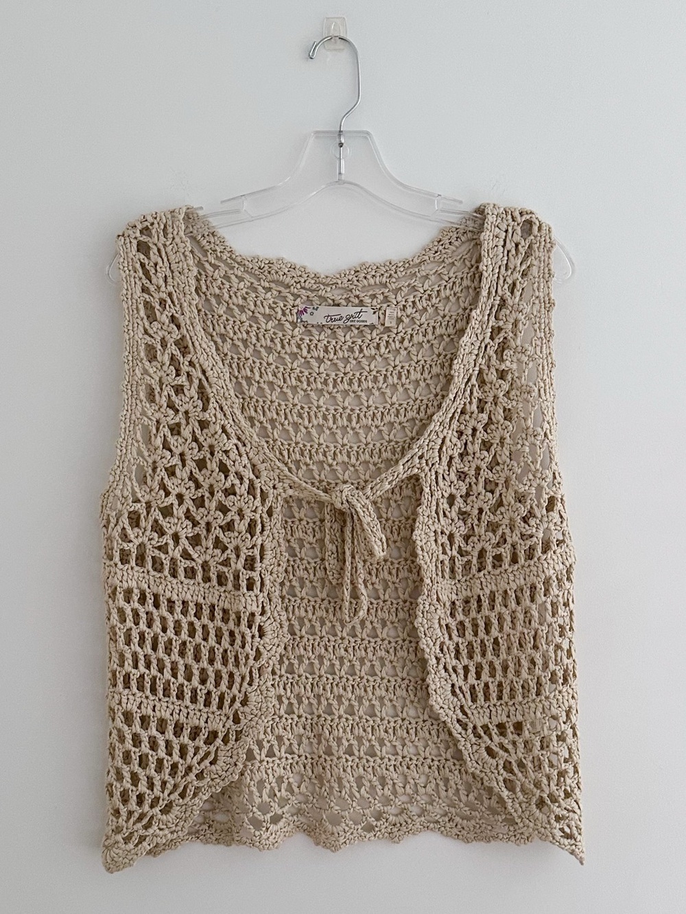 Cream Crochet Tie Front Vest Open Weave Knit Boho Coastal Festival Top Size S